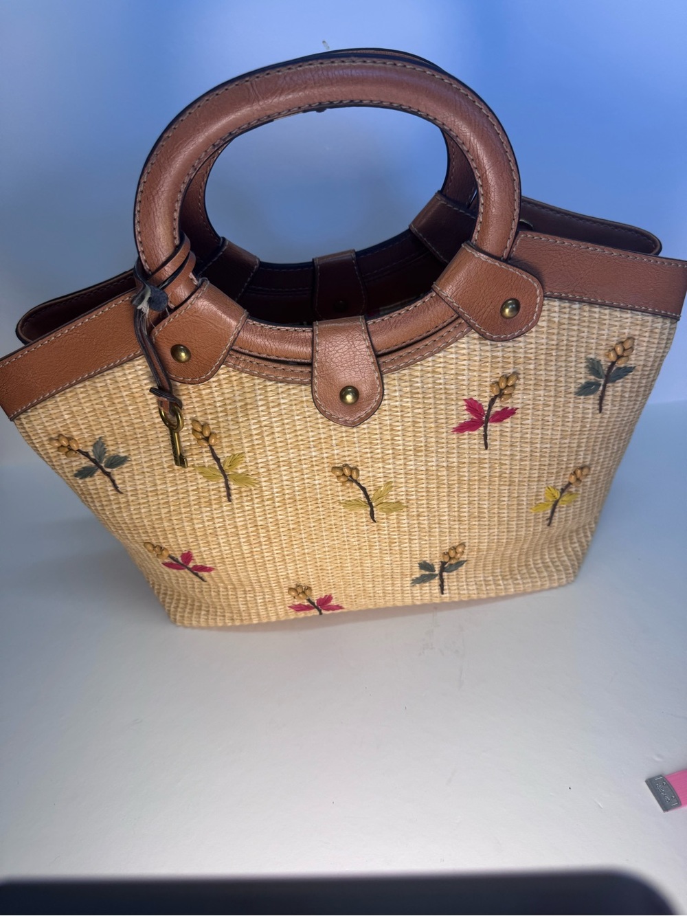 Fossil Tan Straw Tote with Brown Leather Trim and Multicolor Embroidery - Picture 10 of 16